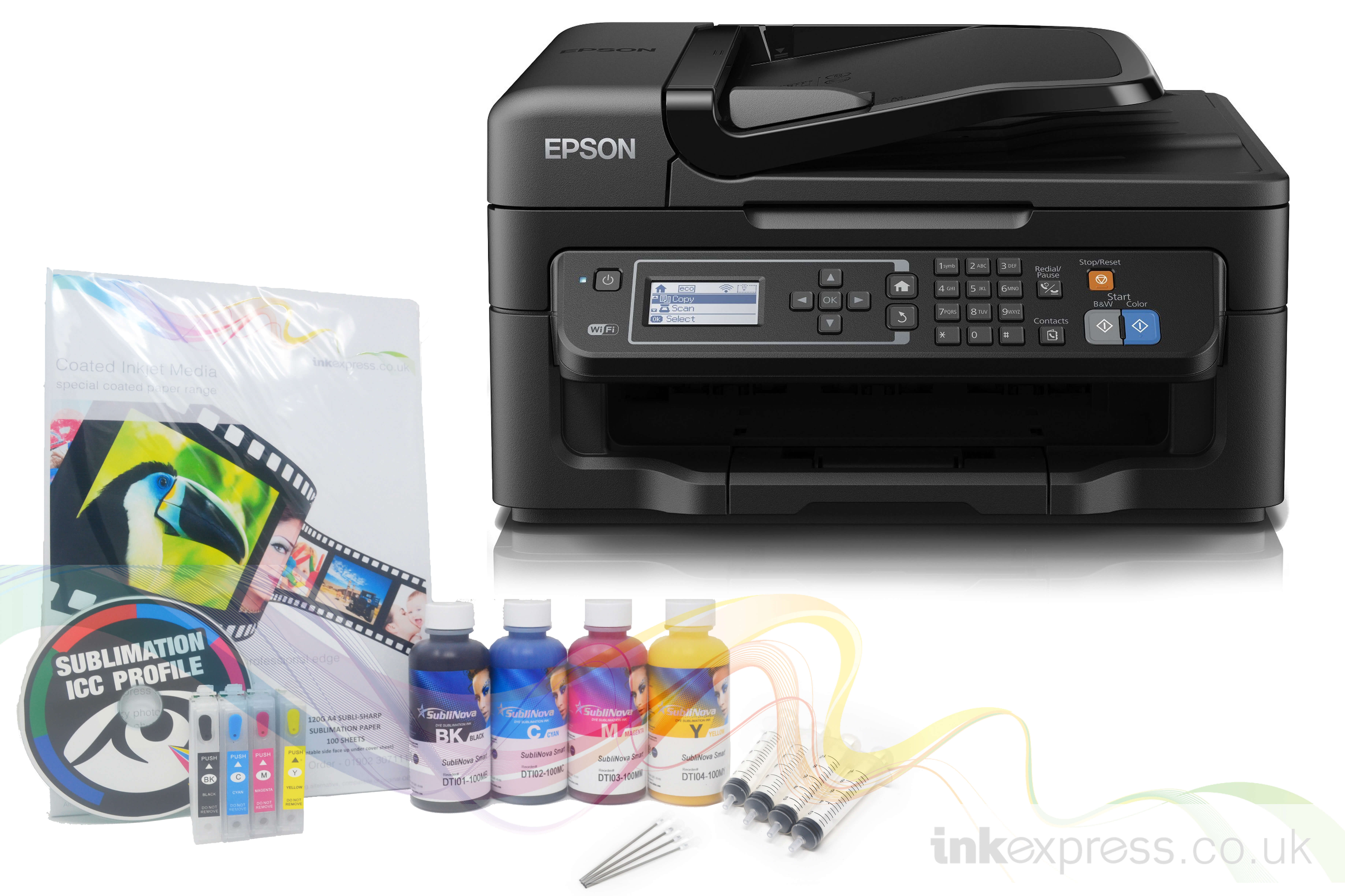 Sublimation Starter Package: EPSON WF-2630WF – Printer + Refill Carts + 4 x  100ml Ink & Paper