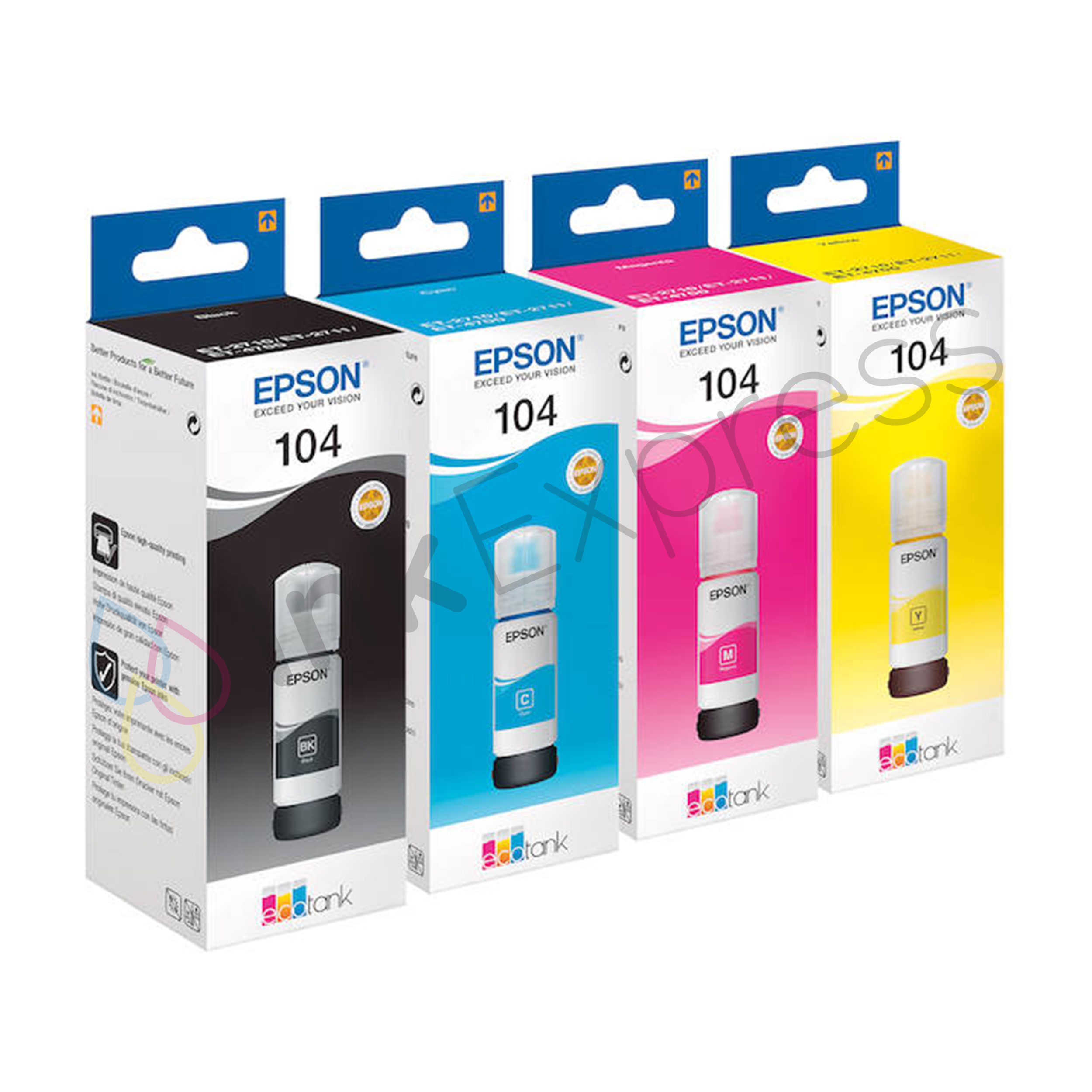 Set of 4 bottles of Epson 104 ink for EcoTank printers. Original Epson ink  in sealed blister. Cyan, magenta, yellow and black. Multipack 104 series -  AliExpress