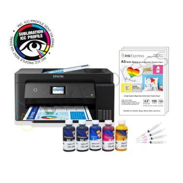 Epson EcoTank ET-15000 A3 Sublimation Printer Package including a 5 colour set of Inktec Sublinova dye sublimation ink, sublimation paper and a custom ICC profile.
