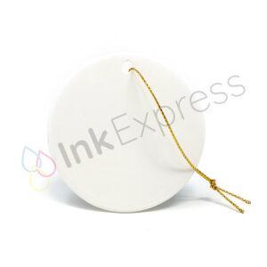 Sublimation ceramic hanging circle decoration, perfect for customising with unique designs. This versatile piece is part of our Christmas sublimation blanks collection and serves as an ideal ceramic sublimation ornament for creating personalised Christmas decorations and memorable gifts.