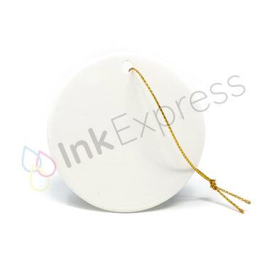 Sublimation ceramic hanging circle decoration, perfect for customising with unique designs. This versatile piece is part of our Christmas sublimation blanks collection and serves as an ideal ceramic sublimation ornament for creating personalised Christmas decorations and memorable gifts.