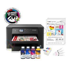 Epson WorkForce WF-7310 A3 Sublimation Printer Package including a 4 colour set of Inktec Sublinova dye sublimation ink, sublimation paper and a custom ICC profile.