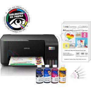 Epson EcoTank ET-2810 series A4 Sublimation Printer Package including a 4 colour set of Inktec Sublinova dye sublimation ink, sublimation paper and a custom ICC profile.
