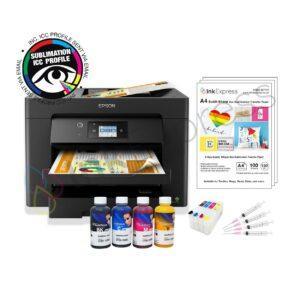 Epson WorkForce WF-7830 A3 Sublimation Printer Package including a 4 colour set of Inktec Sublinova dye sublimation ink, sublimation paper and a custom ICC profile.