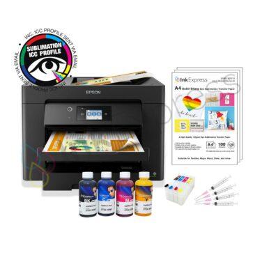Epson WorkForce WF-7830 A3 Sublimation Printer Package including a 4 colour set of Inktec Sublinova dye sublimation ink, sublimation paper and a custom ICC profile.