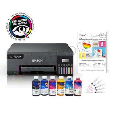 Epson EcoTank L8058 A4 Sublimation Printer Package including a 4 colour set of Inktec Sublinova dye sublimation ink, sublimation paper and a custom ICC profile.